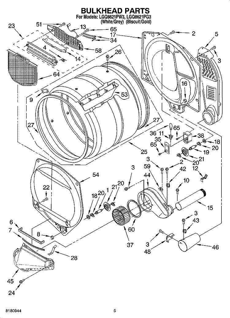 BULKHEAD PARTS Diagram and Parts List for LGQ8621PW3  Whirlpool Dryer