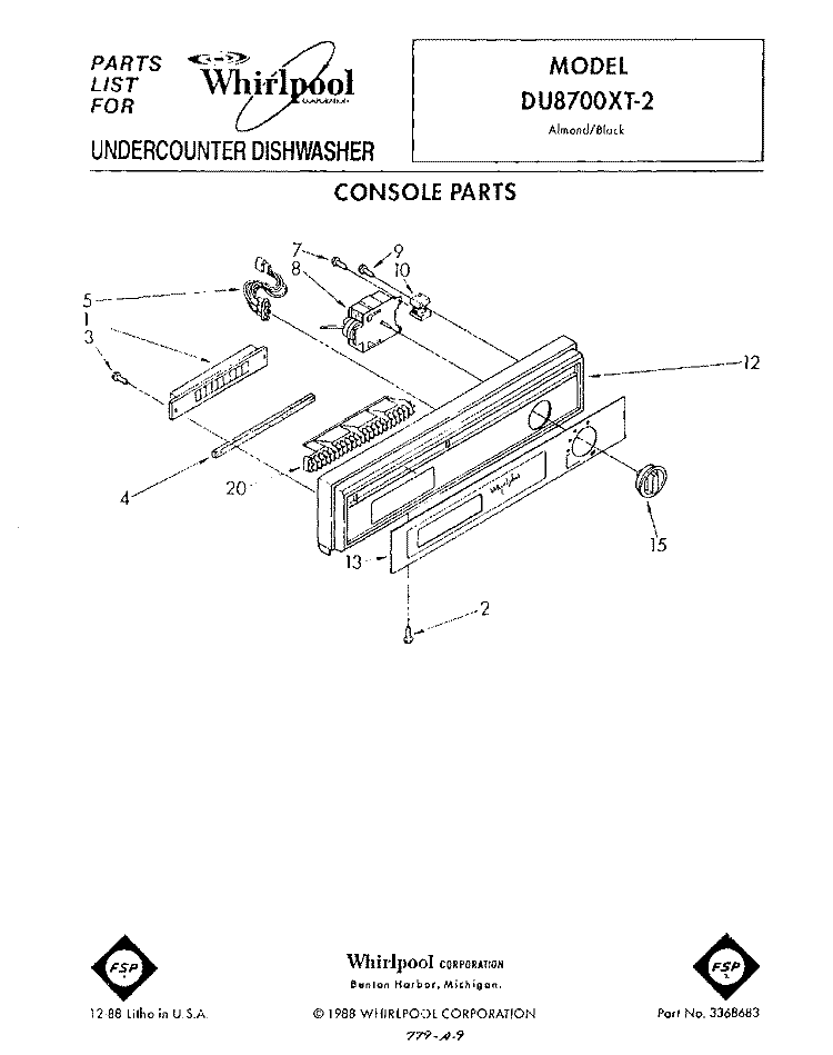 CONSOLE Diagram and Parts List for DU8700XT2  Whirlpool Dishwasher