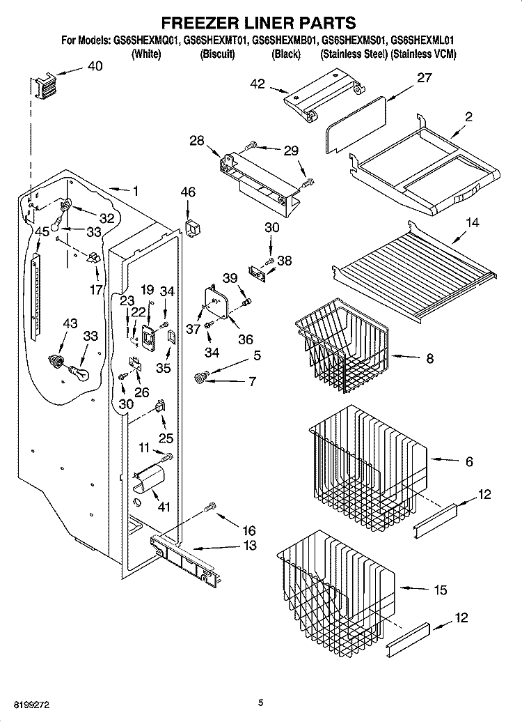 FREEZER LINER PARTS Diagram and Parts List for GS6SHEXML01  Whirlpool Refrigerator