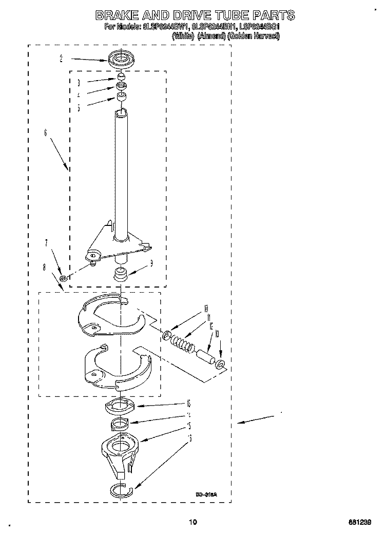 BRAKE AND DRIVE TUBE Diagram and Parts List for 8LSP6244BG1  Whirlpool Washer