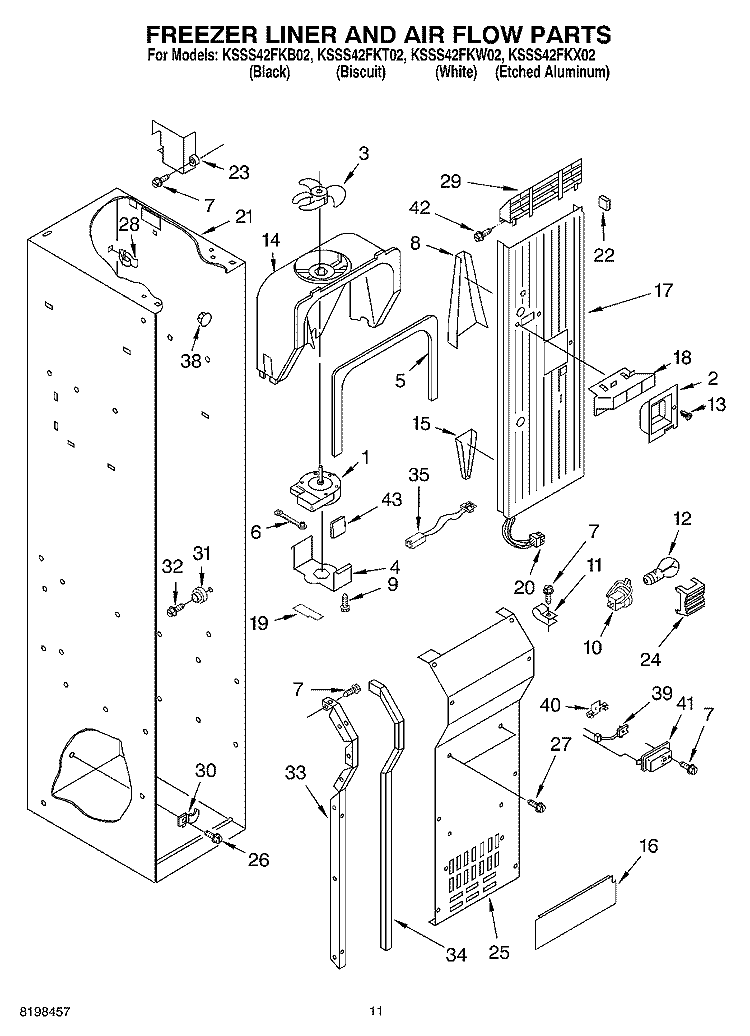 FREEZER LINER AND AIR FLOW PARTS Diagram and Parts List for KSSS42FKX02  KitchenAid Refrigerator