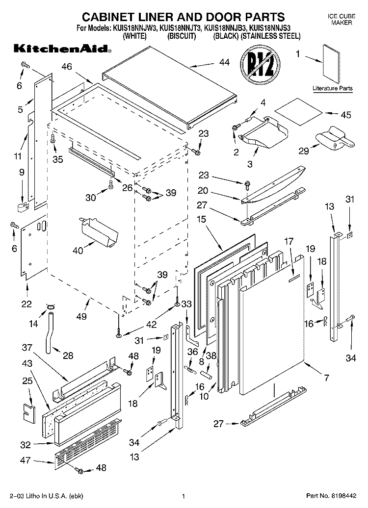 CABINET LINER AND DOOR PARTS Diagram and Parts List for KUIS18NNJB3  KitchenAid Ice Maker