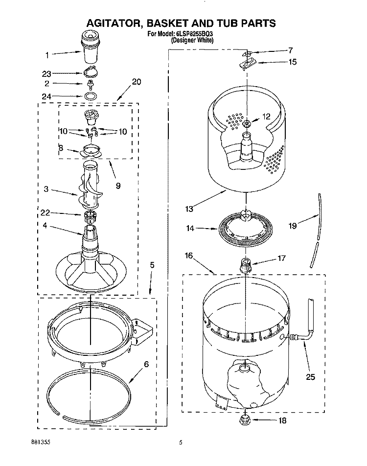 AGITATOR, BASKET AND TUB Diagram and Parts List for 6LSP8255BQ3  Whirlpool Washer