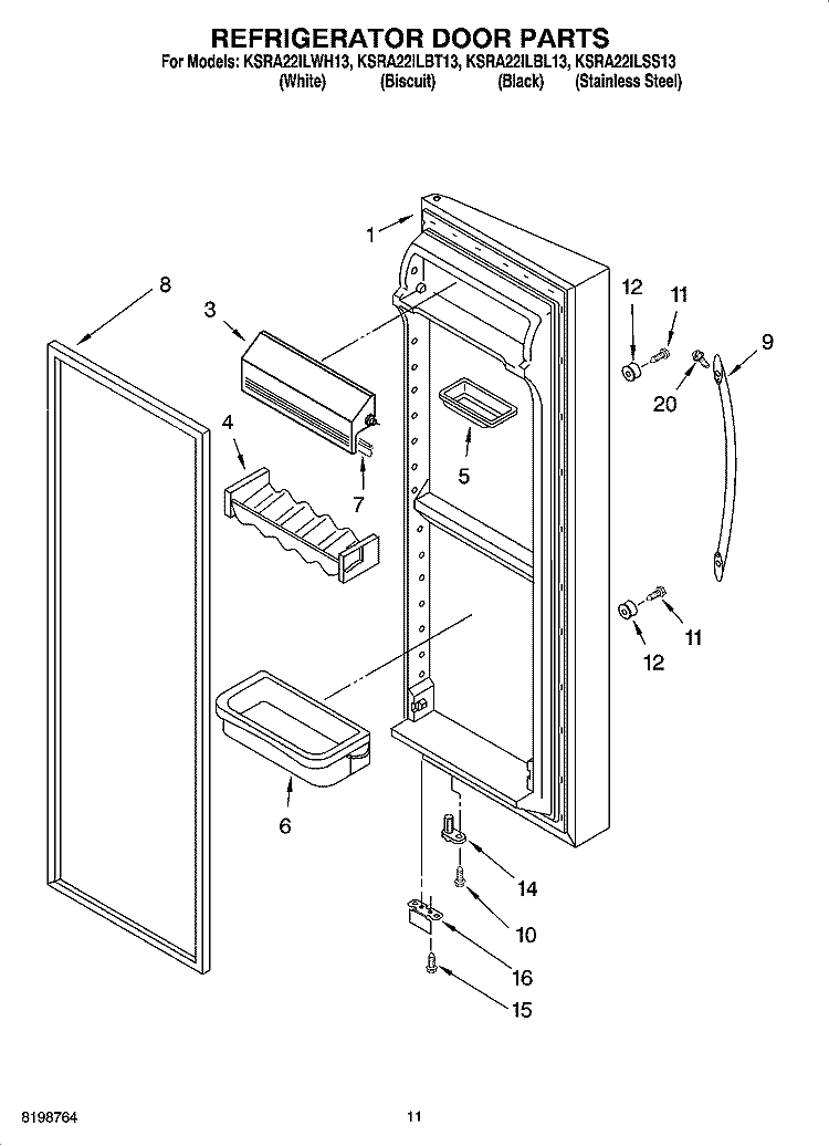 REFRIGERATOR DOOR PARTS Diagram and Parts List for KSRA22ILBL13  KitchenAid Refrigerator