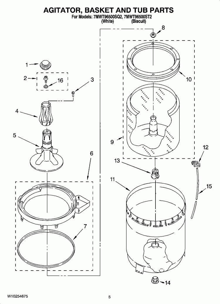 AGITATOR, BASKET AND TUB PARTS Diagram and Parts List for 7MWT96500SQ2  Whirlpool Washer