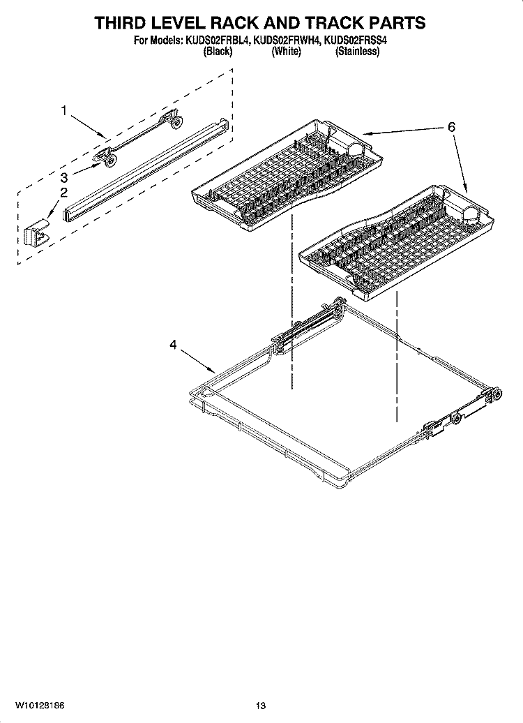 THIRD LEVEL RACK AND TRACK PARTS Diagram and Parts List for KUDS02FRWH4  KitchenAid Dishwasher