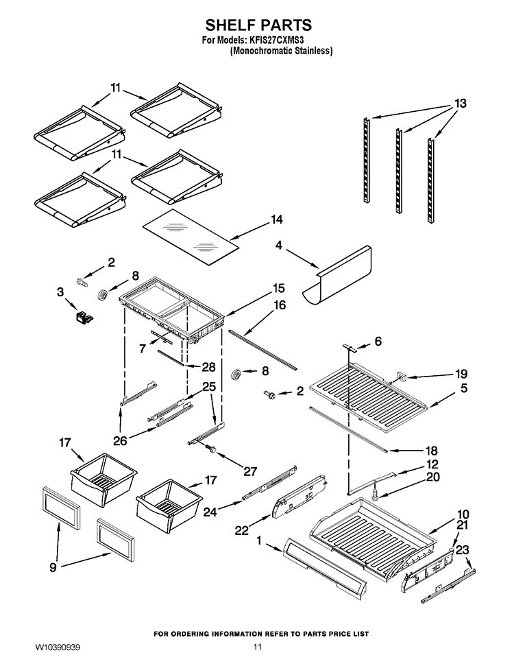 SHELF PARTS Diagram and Parts List for KFIS27CXMS3  KitchenAid Refrigerator