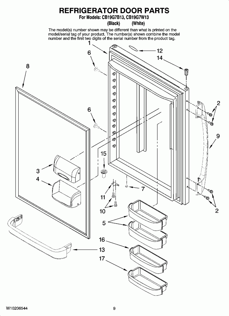 REFRIGERATOR DOOR PARTS Diagram and Parts List for CB19G7W13  Whirlpool Refrigerator