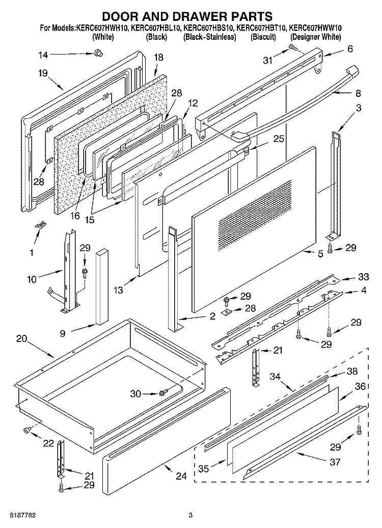 DOOR AND DRAWER PARTS Diagram and Parts List for KERC607HBL10  KitchenAid Range