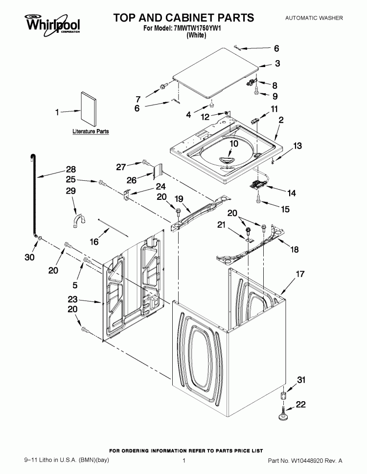 TOP AND CABINET PARTS Diagram and Parts List for 7MWTW1750YW1  Whirlpool Washer