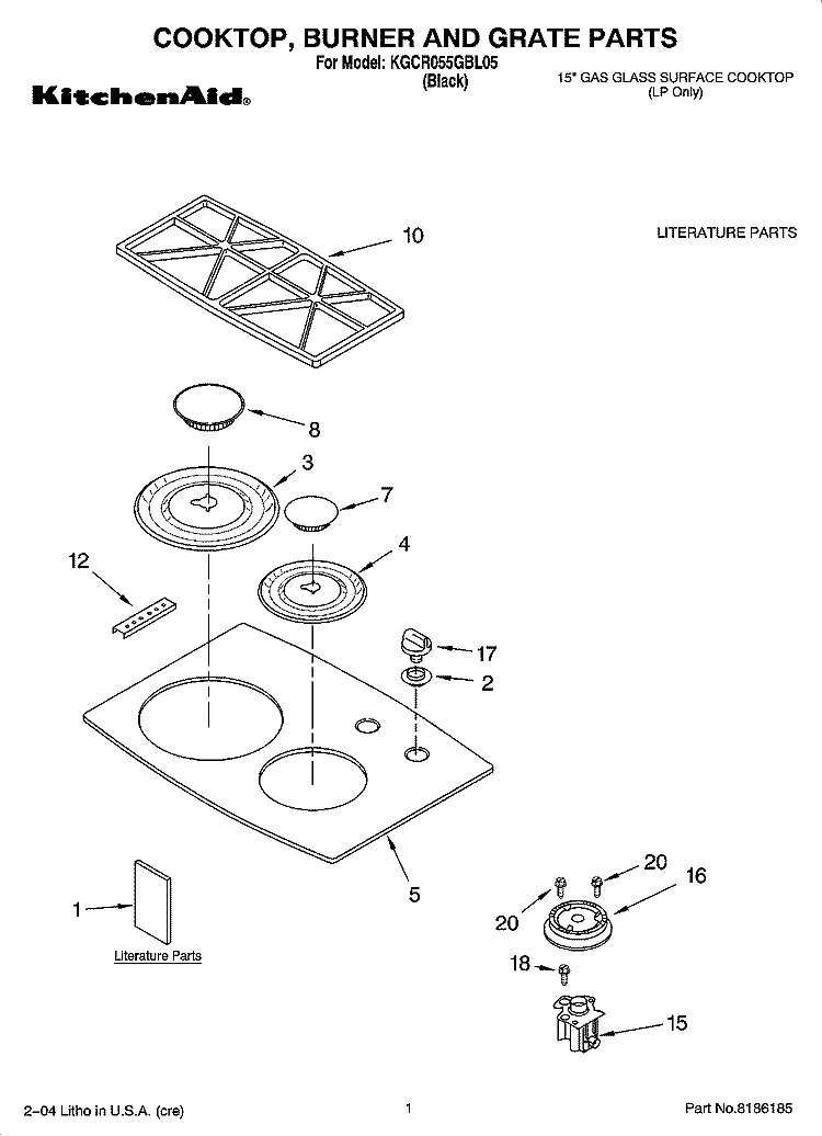 COOKTOP, BURNER AND GRATE PARTS Diagram and Parts List for KGCR055GBL05  KitchenAid Cooktop