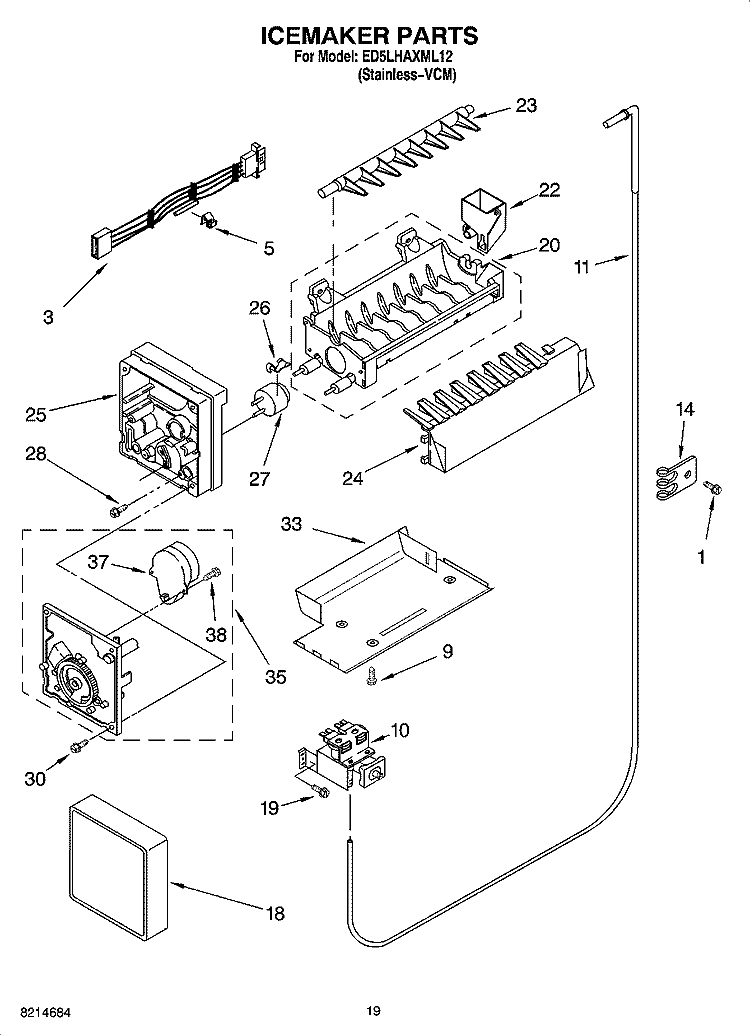 ICEMAKER PARTS, OPTIONAL PARTS Diagram and Parts List for ED5LHAXML12  Whirlpool Refrigerator