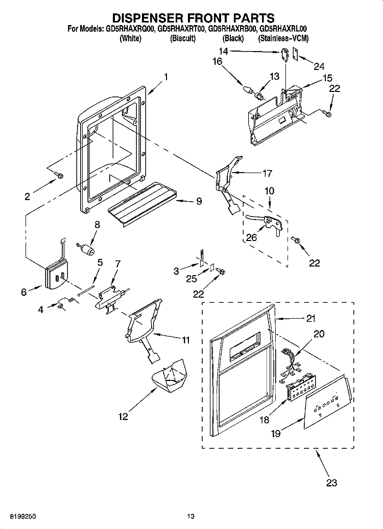 DISPENSER FRONT PARTS Diagram and Parts List for GD5RHAXRT00  Whirlpool Refrigerator