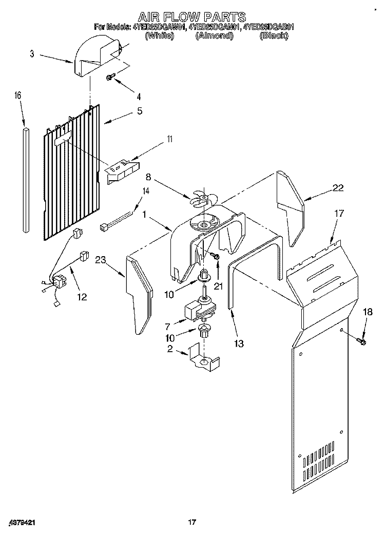 AIR FLOW Diagram and Parts List for 4YED25DQAB01  Whirlpool Refrigerator