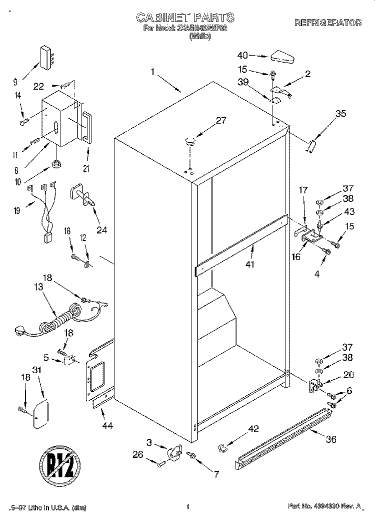 CABINET Diagram and Parts List for 3XARG493WP02  Whirlpool Refrigerator