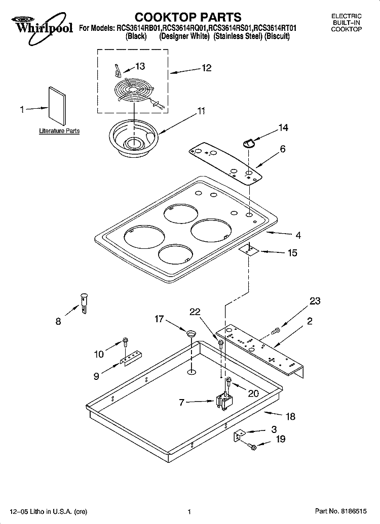 COOKTOP PARTS Diagram and Parts List for RCS3614RQ01  Whirlpool Cooktop