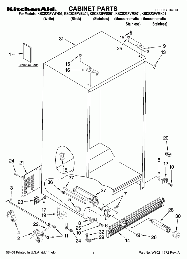 CABINET PARTS Diagram and Parts List for KSCS23FVBL01  KitchenAid Refrigerator