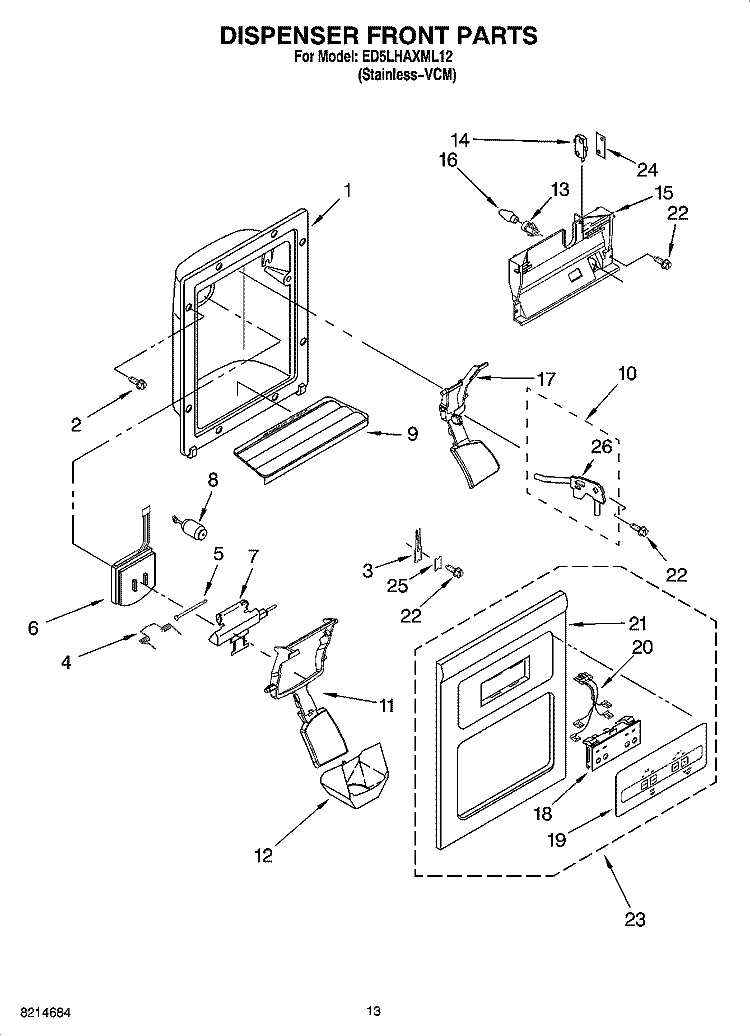 DISPENSER FRONT PARTS Diagram and Parts List for ED5LHAXML12  Whirlpool Refrigerator