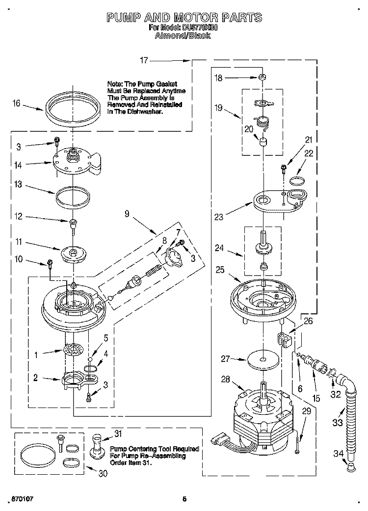 PUMP AND MOTOR Diagram and Parts List for DU8770XB0  Whirlpool Dishwasher