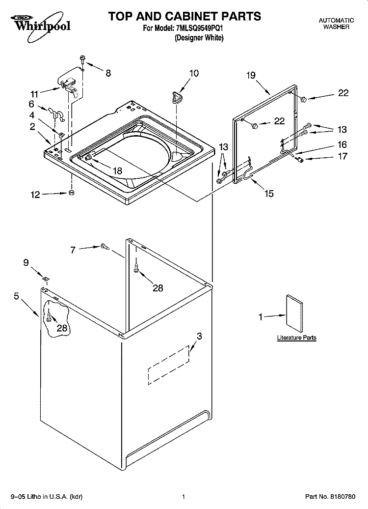 TOP AND CABINET PARTS Diagram and Parts List for 7MLSQ9549PQ1  Whirlpool Washer