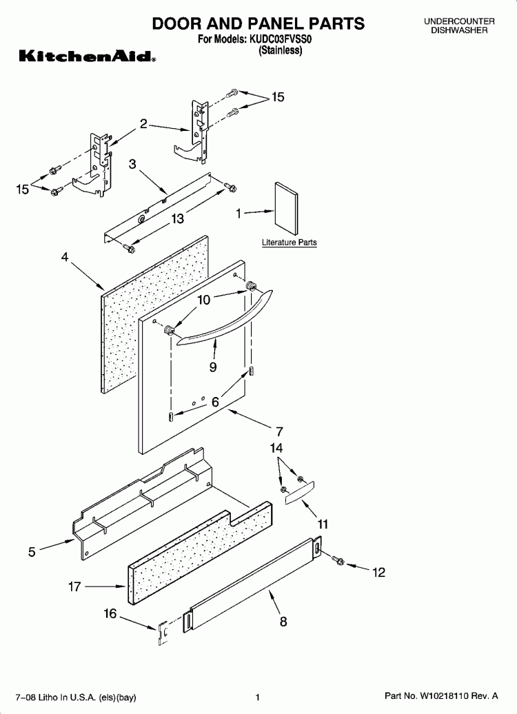 DOOR AND PANEL PARTS Diagram and Parts List for KUDC03FVSS0  KitchenAid Dishwasher