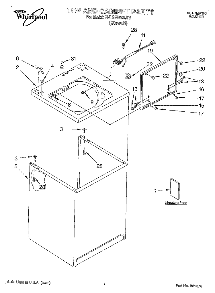 TOP AND CABINET, LITERATURE Diagram and Parts List for 7MLSR8544JT0  Whirlpool Washer
