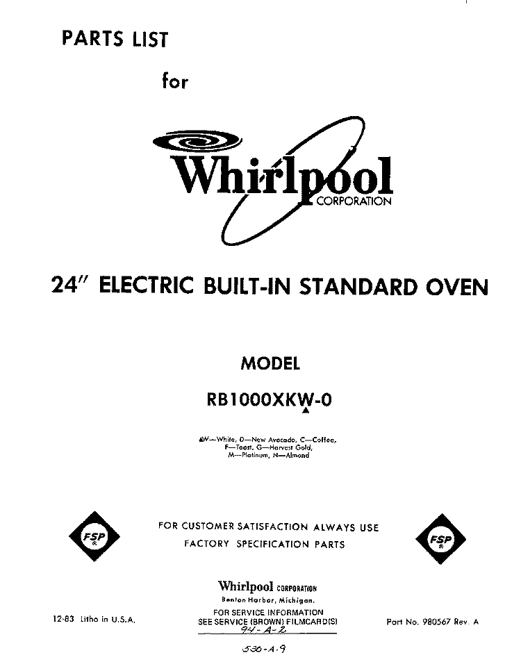 SECTION Diagram and Parts List for RB1000XKW0  Whirlpool Wall Oven