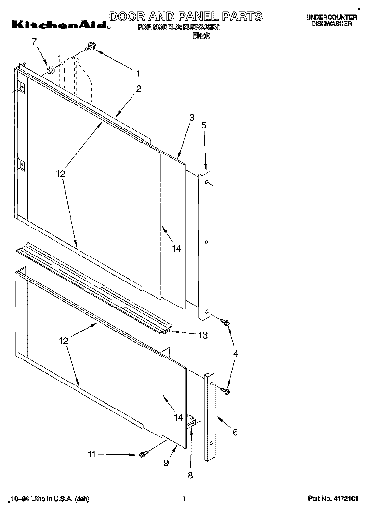DOOR AND PANEL Diagram and Parts List for KUDX23HB0  KitchenAid Dishwasher