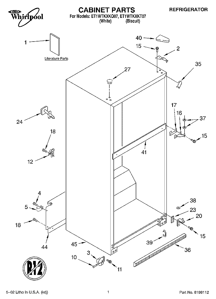 CABINET, LITERATURE Diagram and Parts List for ET1WTKXKT07  Whirlpool Refrigerator