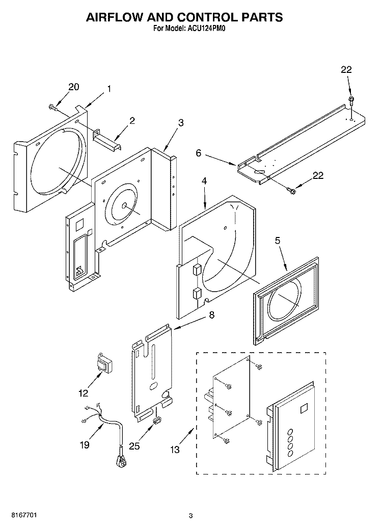 AIRFLOW AND CONTROL PARTS Diagram and Parts List for ACU124PM0  Whirlpool Air Conditioner