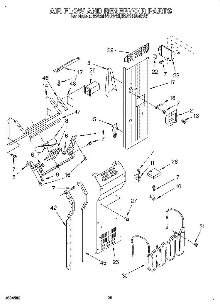 AIR FLOW AND RESERVOIR Diagram and Parts List for KSSS36QDX05  KitchenAid Refrigerator