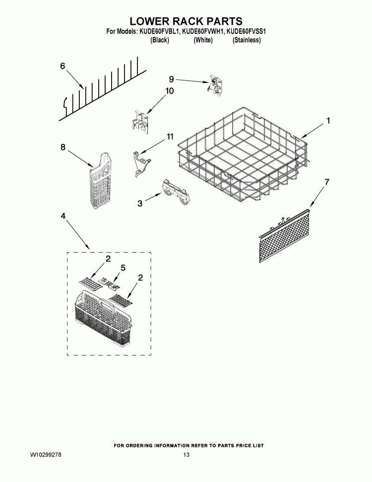LOWER RACK PARTS Diagram and Parts List for KUDE60FVSS1  KitchenAid Dishwasher