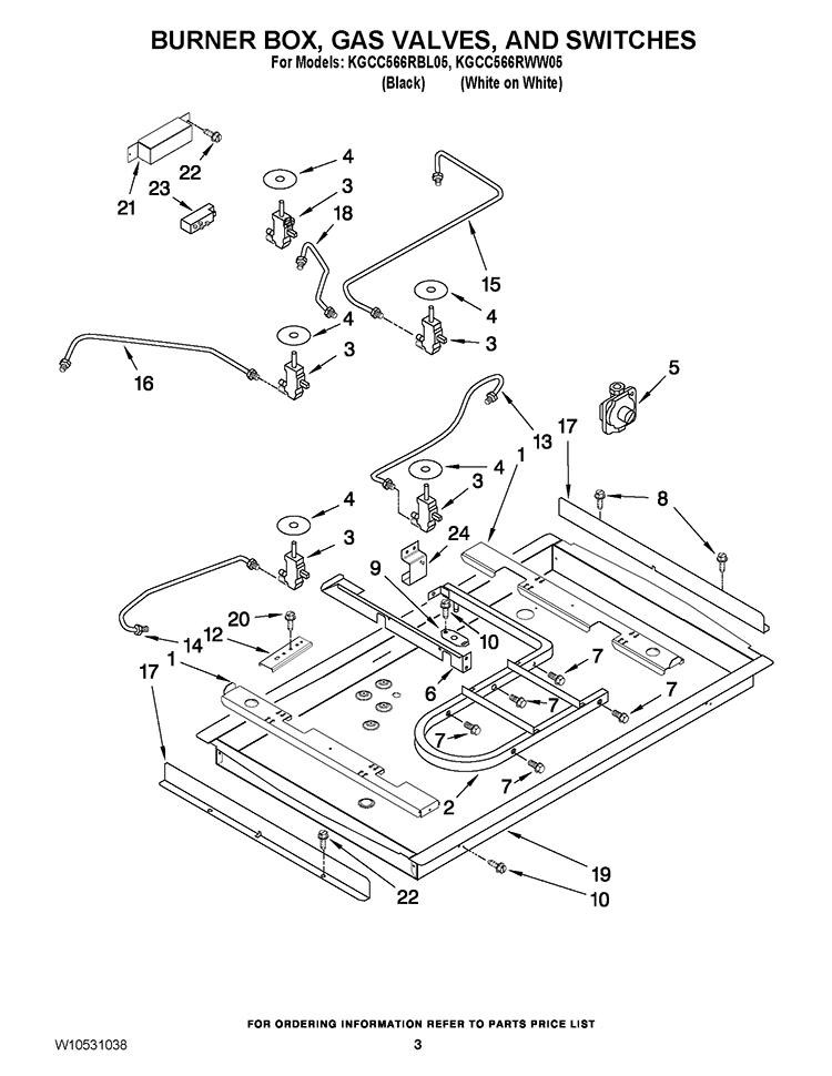 BURNER BOX, GAS VALVES, AND SWITCHES Diagram and Parts List for KGCC566RBL05  KitchenAid Cooktop