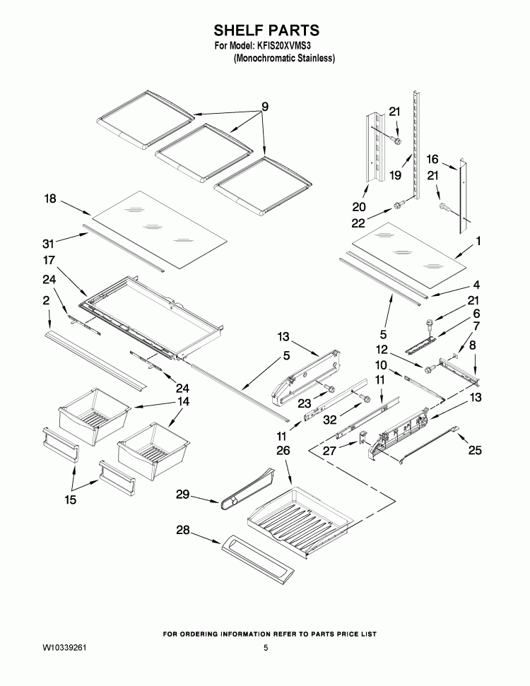 SHELF PARTS Diagram and Parts List for KFIS20XVMS3  KitchenAid Refrigerator