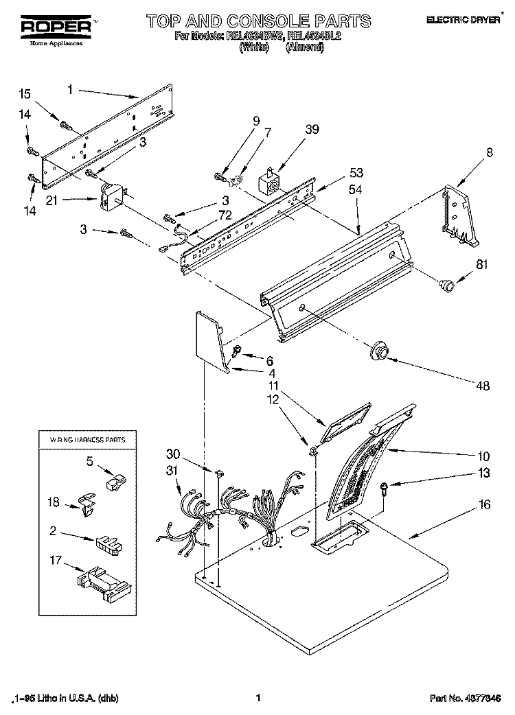 SECTION Diagram and Parts List for REL4634BL2  Roper Dryer