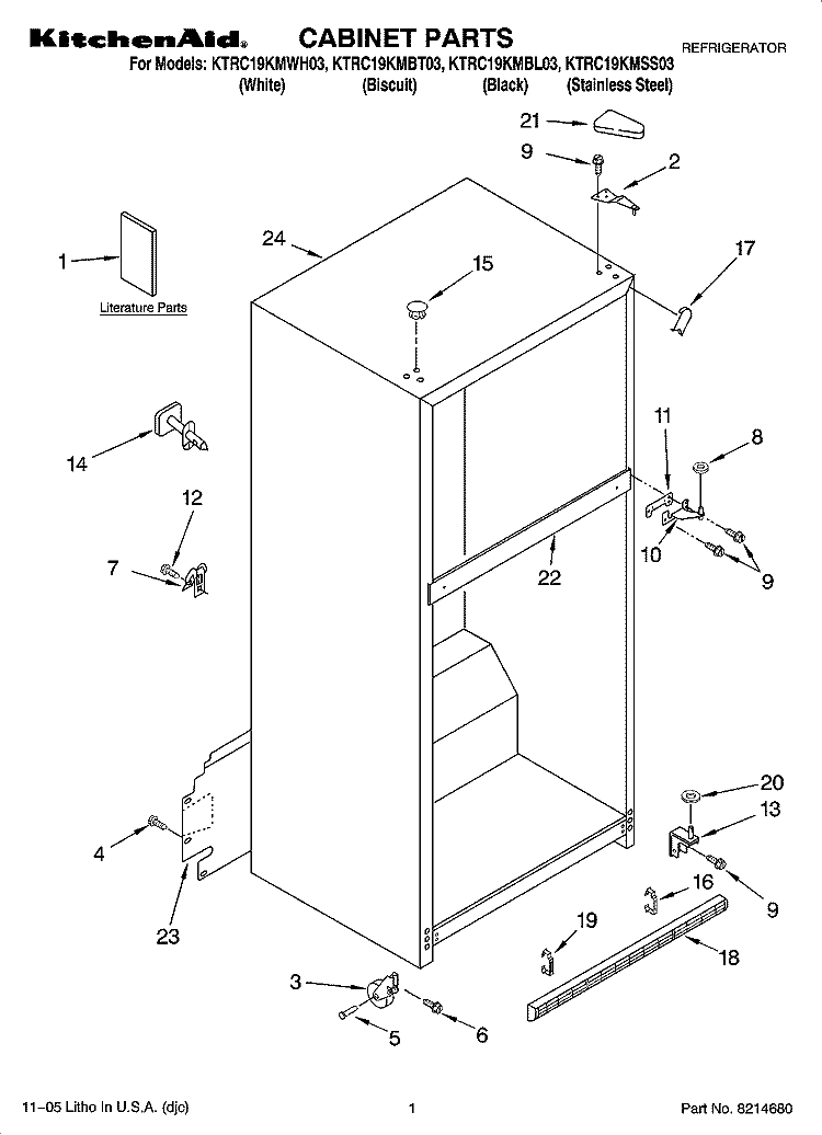 CABINET PARTS Diagram and Parts List for KTRC19KMBL03  KitchenAid Refrigerator