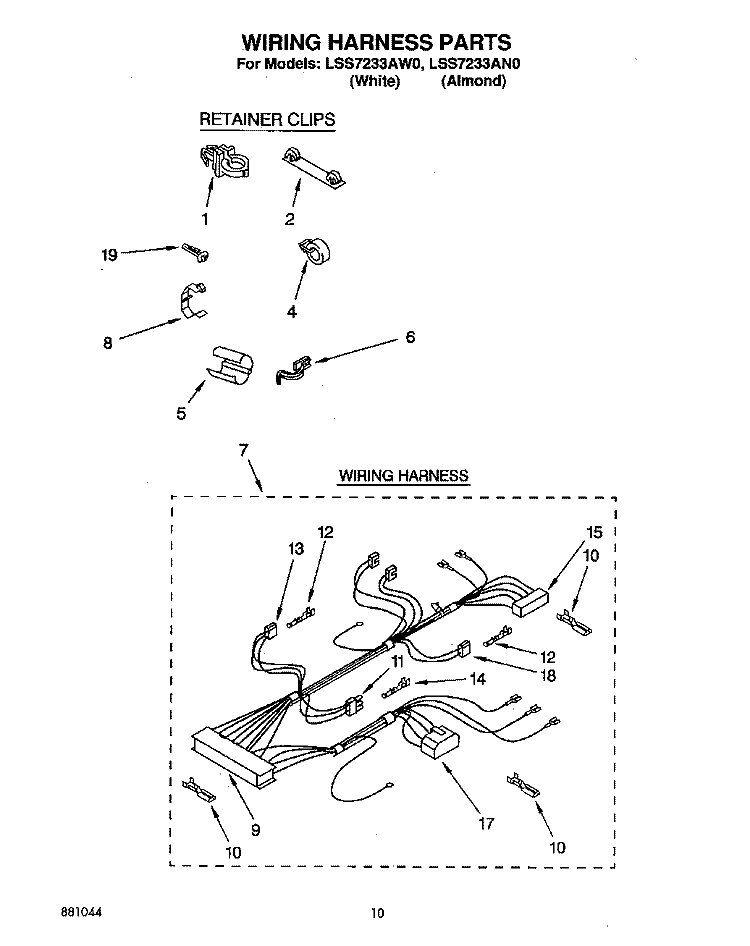 WIRING HARNESS Diagram and Parts List for LSS7233AN0  Whirlpool Washer
