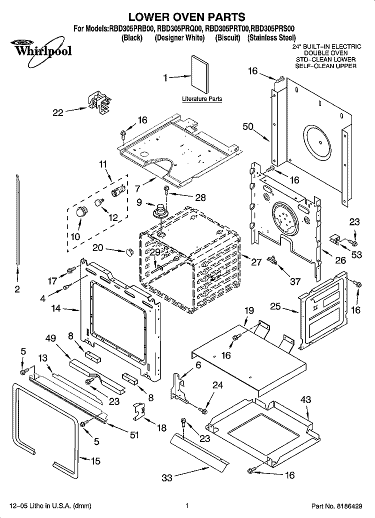 LOWER OVEN PARTS Diagram and Parts List for RBD305PRQ00  Whirlpool Wall Oven