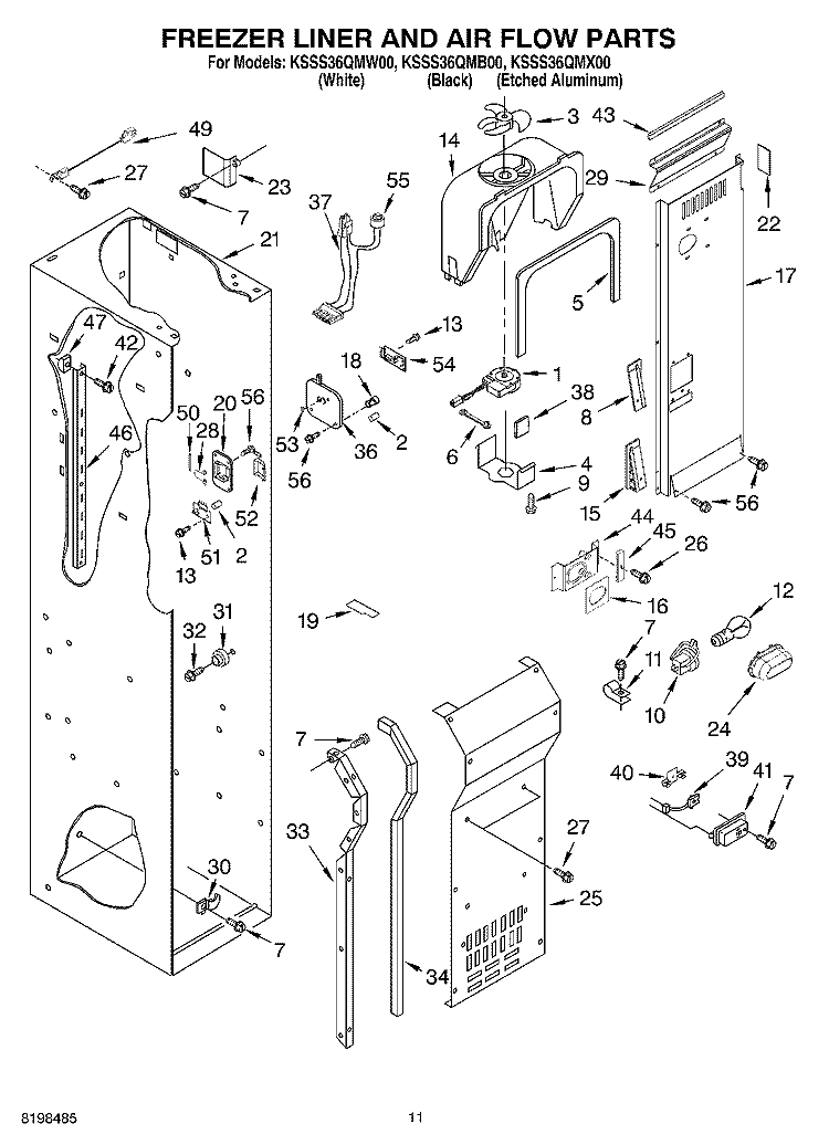 FREEZER LINER AND AIR FLOW PARTS Diagram and Parts List for KSSS36QMB00  KitchenAid Refrigerator