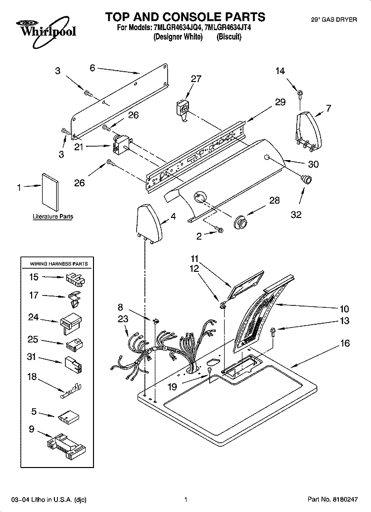TOP AND CONSOLE PARTS Diagram and Parts List for 7MLGR4634JT4  Whirlpool Dryer