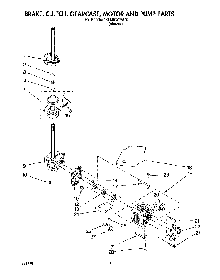 BRAKE, CLUTCH, GEARCASE, MOTOR AND PUMP Diagram and Parts List for 4XLA87W92AN2  Whirlpool Washer