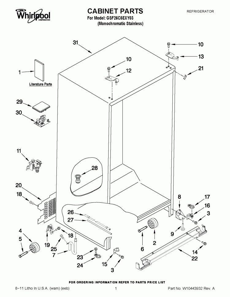 CABINET PARTS Diagram and Parts List for GSF26C5EXY03  Whirlpool Refrigerator