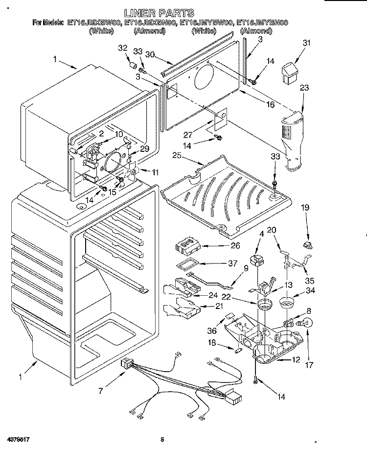 LINER Diagram and Parts List for ET16JMXBN00  Whirlpool Refrigerator
