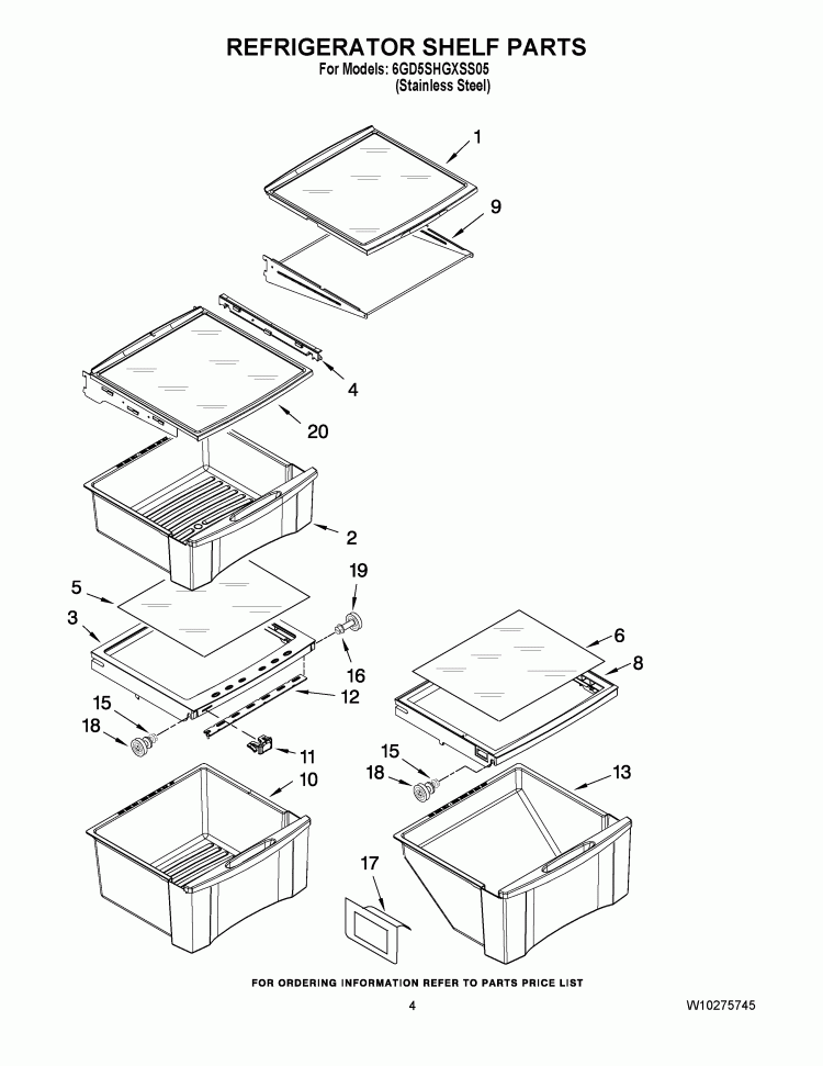 REFRIGERATOR SHELF PARTS Diagram and Parts List for 6GD5SHGXSS05  Whirlpool Refrigerator