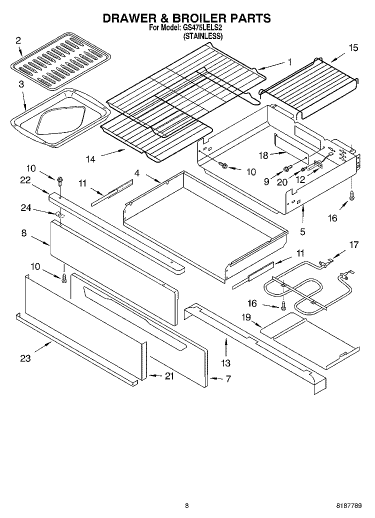 DRAWER & BROILER PARTS, MISCELLANEOUS PARTS Diagram and Parts List for GS475LELS2  Whirlpool Range