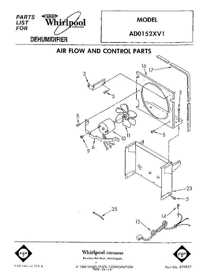 SECTION Diagram and Parts List for AD0152XV1  Whirlpool Dehumidifier