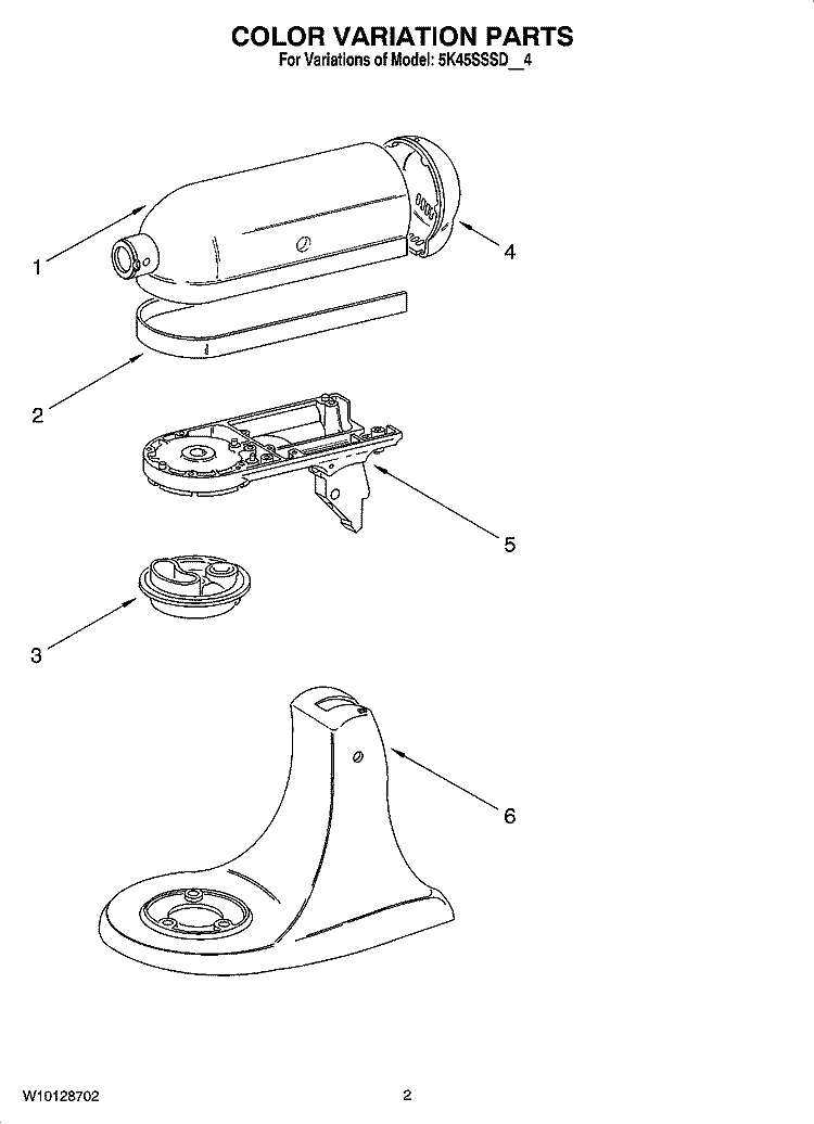 COLOR VARIATION PARTS Diagram and Parts List for 5K45SSSDWH4  KitchenAid Mixer