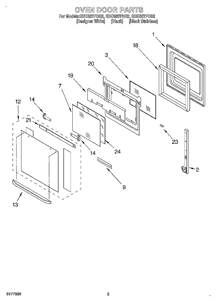 OVEN DOOR Diagram and Parts List for GBD307PDB2  Whirlpool Wall Oven
