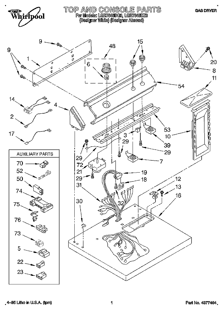 TOP AND CONSOLE, LIT/OPTIONAL Diagram and Parts List for LGR7848DQ0  Whirlpool Dryer