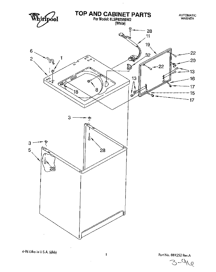 TOP AND CABINET, LIT/OPTIONAL Diagram and Parts List for 6LSP8255BW2  Whirlpool Washer